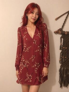 Lavender Brown Red V-Neck Long Sleeve Bell Puff Sleeve Dress